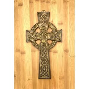 Vintage Celtic Brass Cross Wall Hanging Trinity Knot Design 10 3/4” Tall